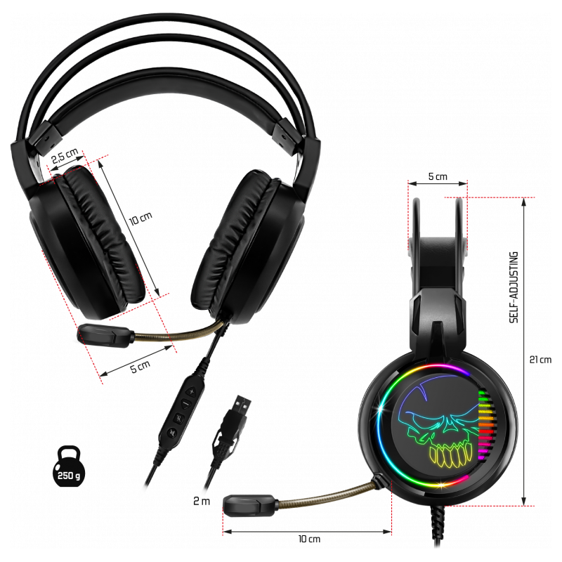Casque Elite H10 son 7.1 virtuel pour PC - Rétro-éclairage RGB Rainbow - câble USB 2m