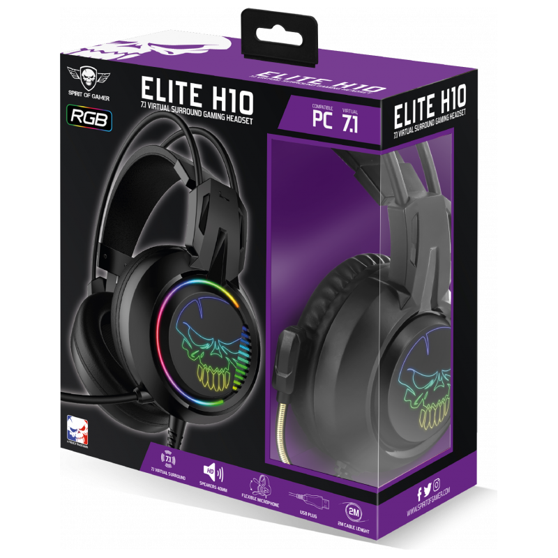 Casque Elite H10 son 7.1 virtuel pour PC - Rétro-éclairage RGB Rainbow - câble USB 2m