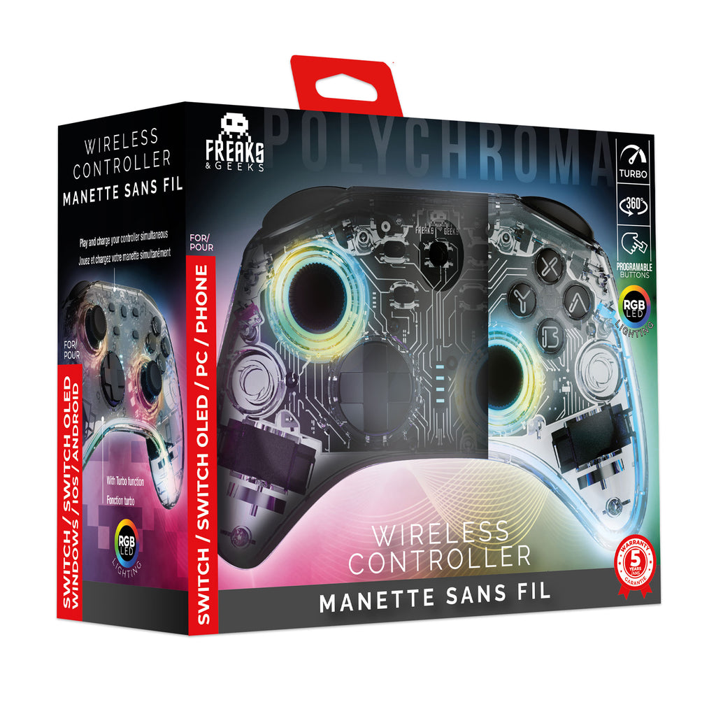 Manette Switch/PC Sans Fil Polychroma SW - Câble 1M - Transparente à LED