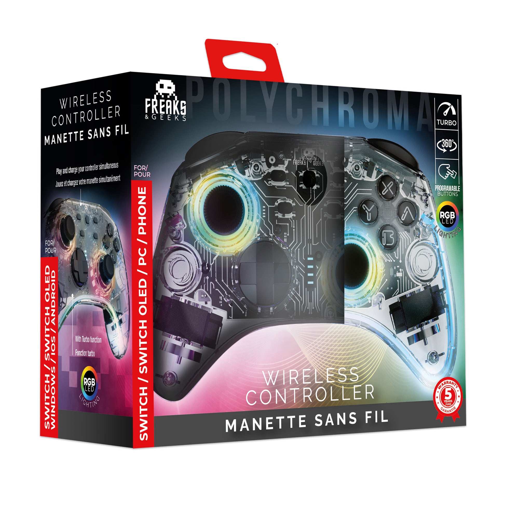 Manette Switch/PC Sans Fil Polychroma SW - Câble 1M - Transparente à LED